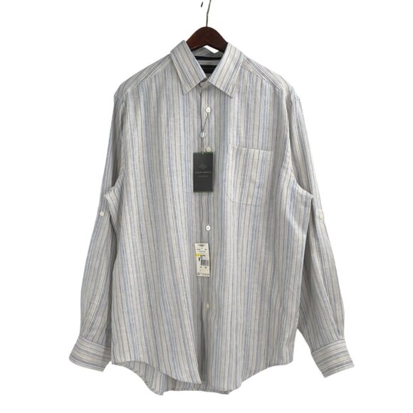 NWT Joseph Abboud Men’s Medium Striped Linen Shirt Button-Down Beige Blue Preppy - Picture 1 of 8